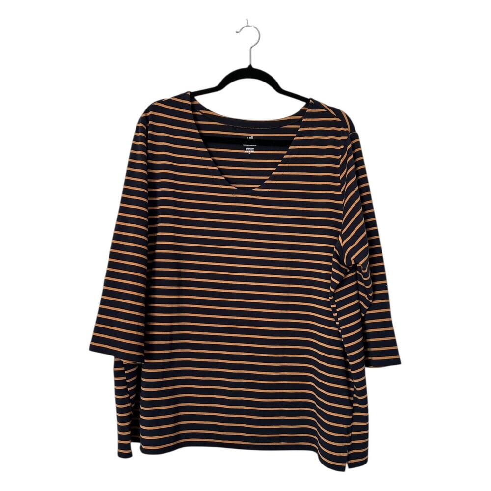 J Jill Forward Seam Tee Size 2X Blue Gold Striped V-Neck Cotton Blend T-Shirt